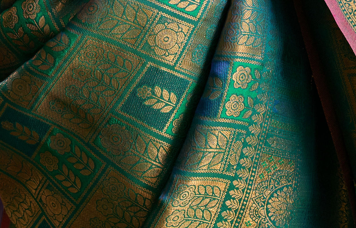 Peachmode Green Handloom Silk Woven Saree - Image 5