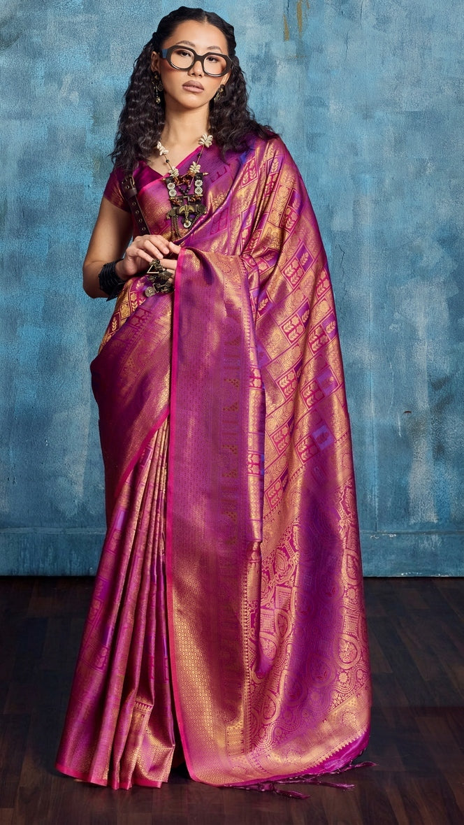 Peachmode Magenta Handloom Silk Woven Saree - Image 1