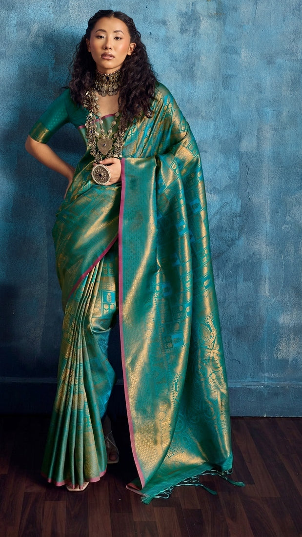 Peachmode Teal Handloom Silk Woven Saree - Image 1