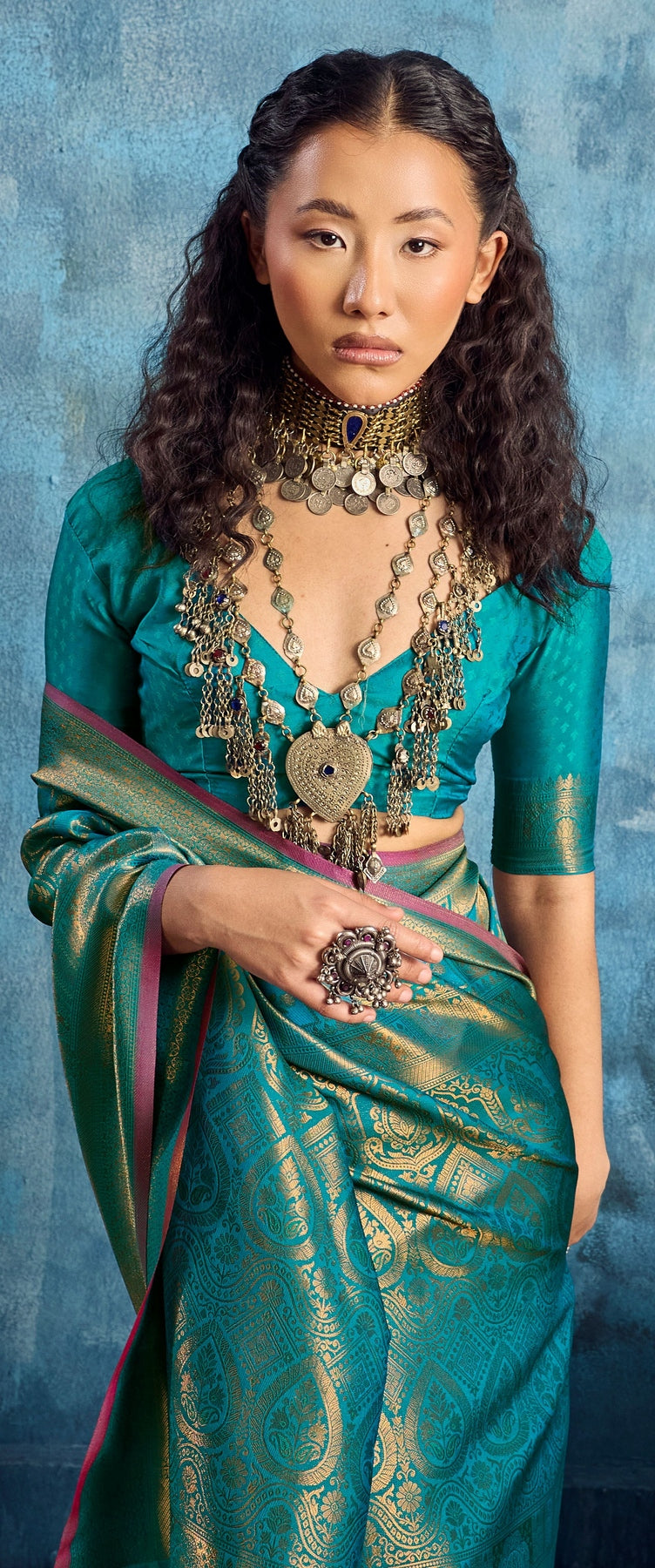 Peachmode Teal Handloom Silk Woven Saree - Image 4