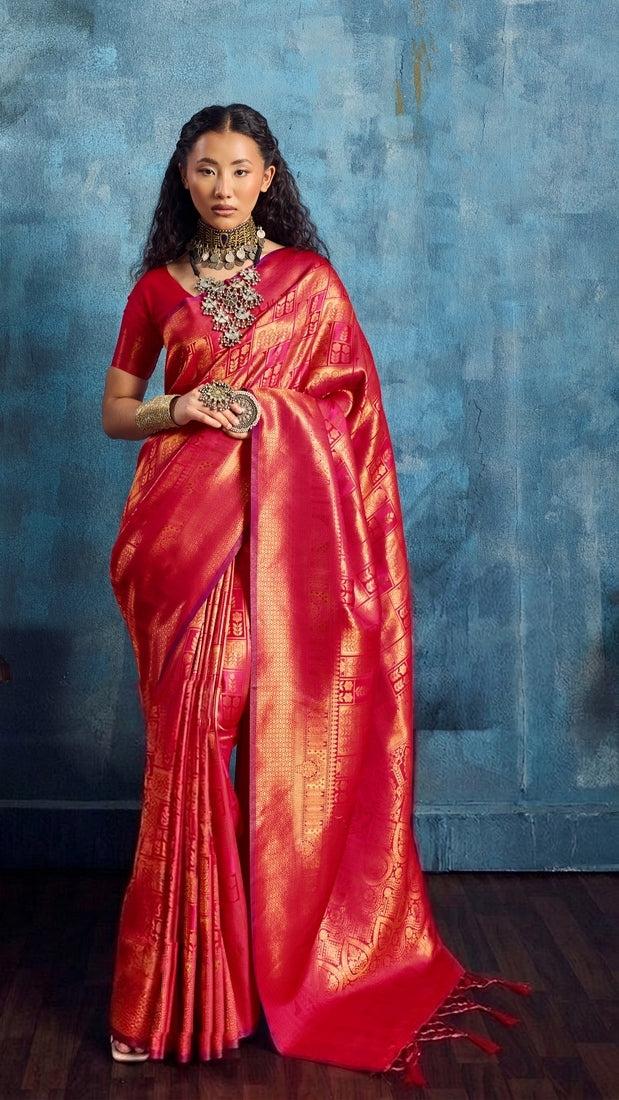 Peachmode Red Handloom Silk Woven Saree - Image 1