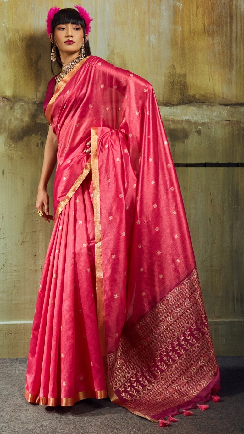 Peachmode Pink Handloom Silk Woven Saree - Image 1