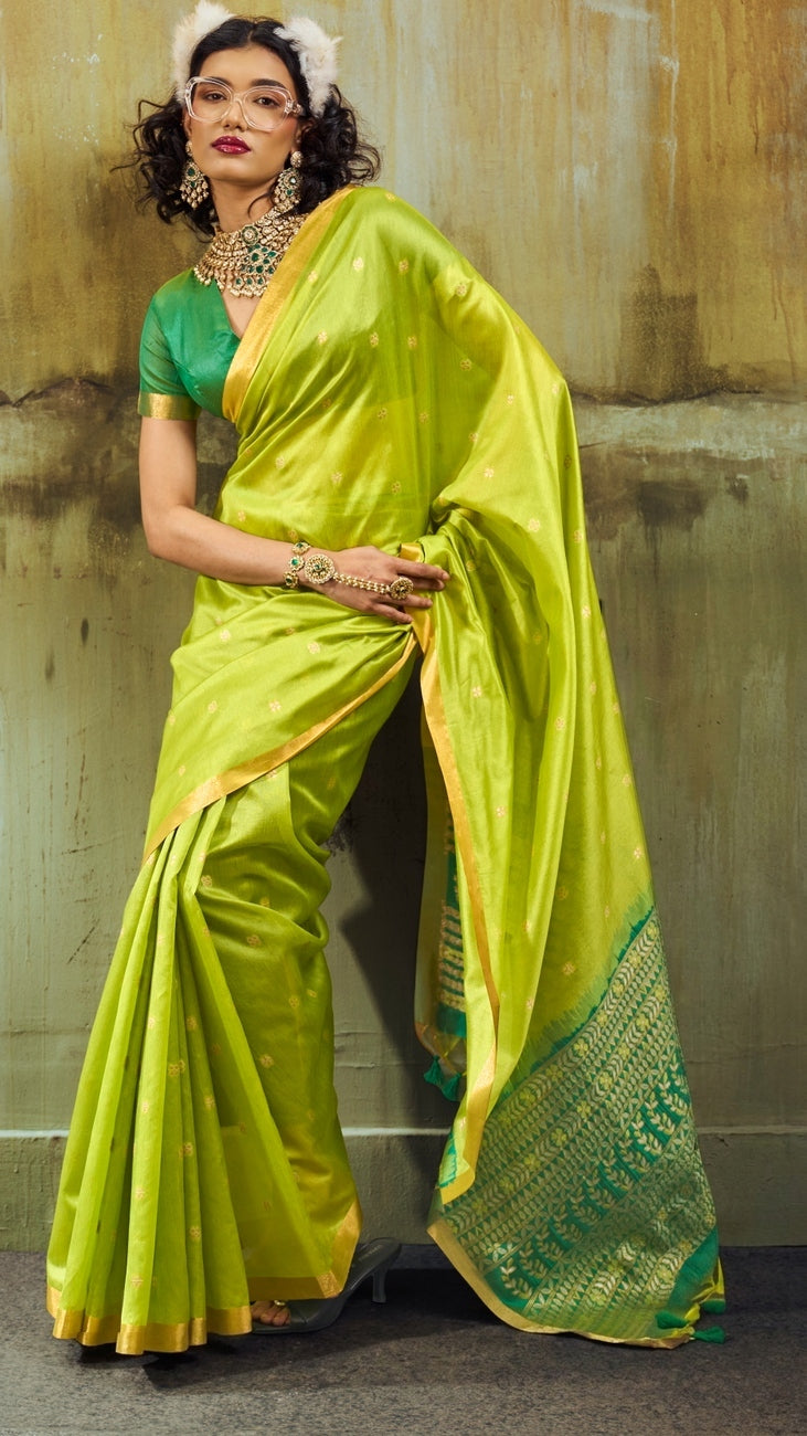 Peachmode Lime Green Handloom Silk Woven Saree - Image 1