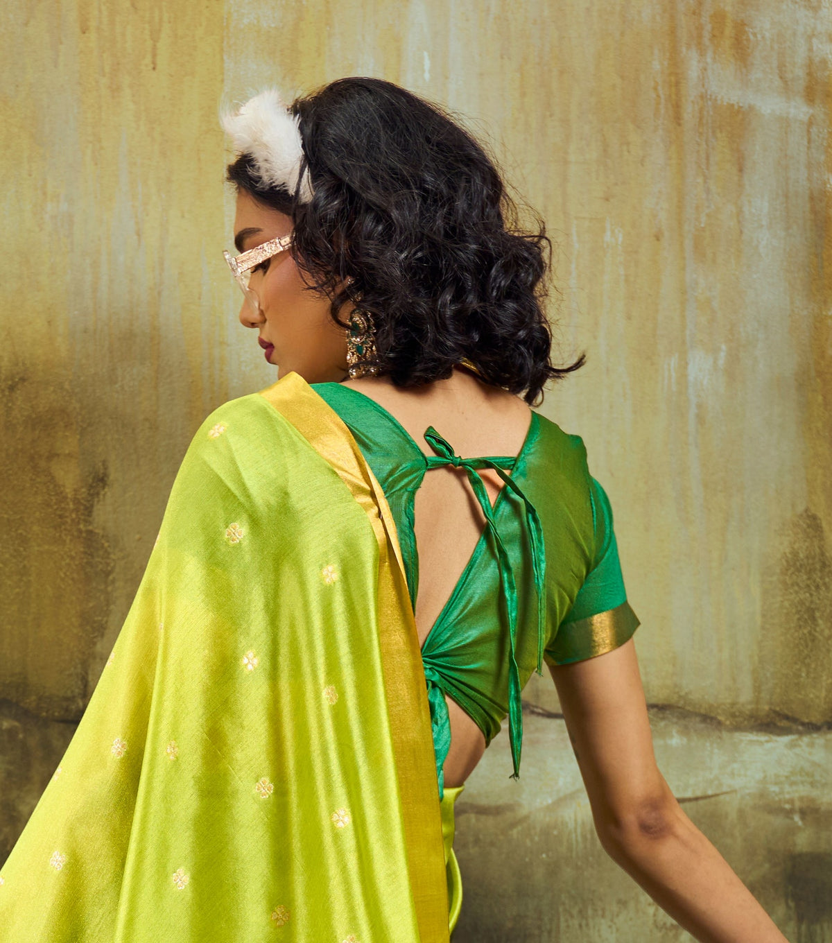 Peachmode Lime Green Handloom Silk Woven Saree - Image 2