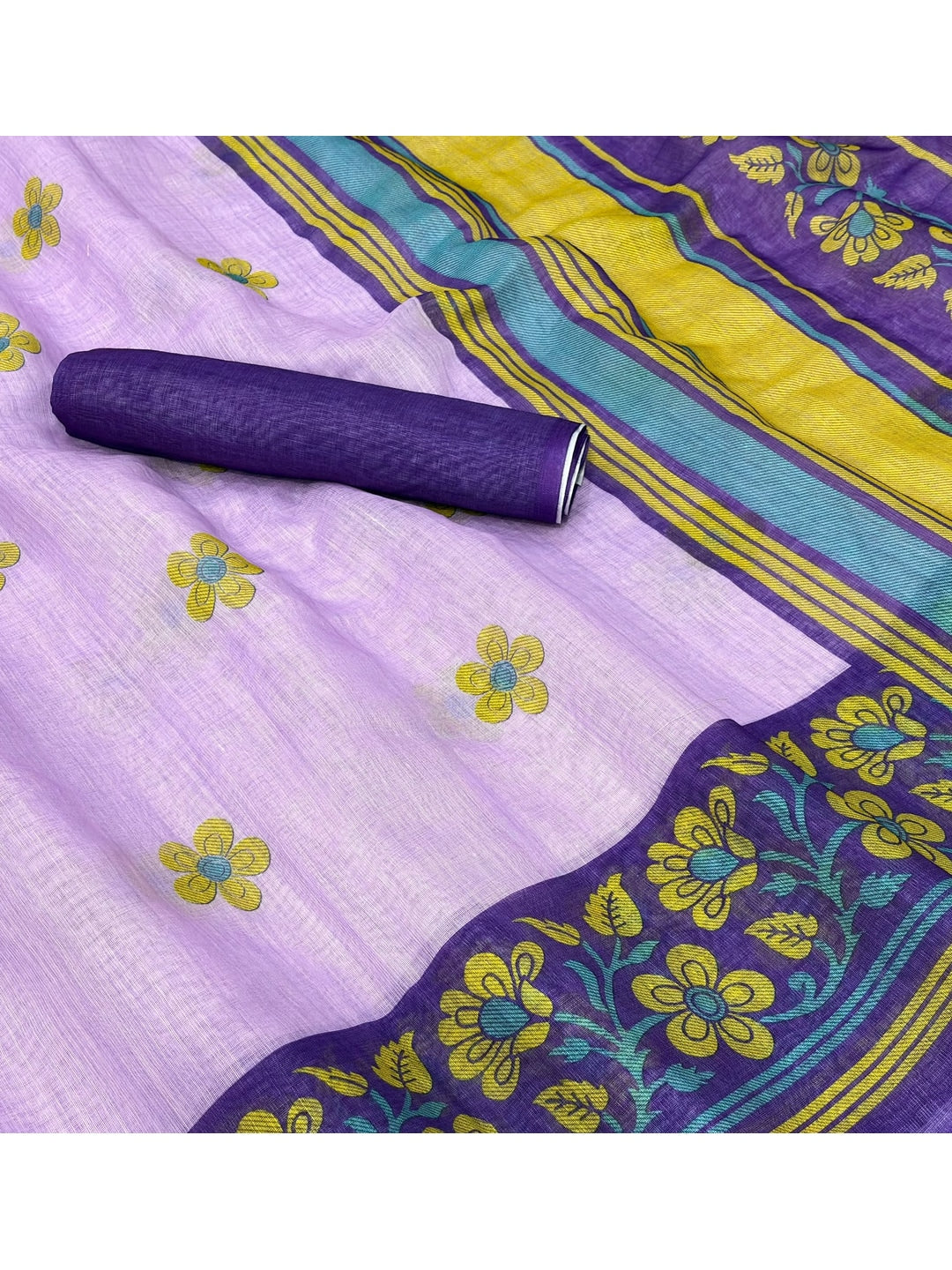 Peachmode Lavender Printed Linen Cotton Saree - Image 5