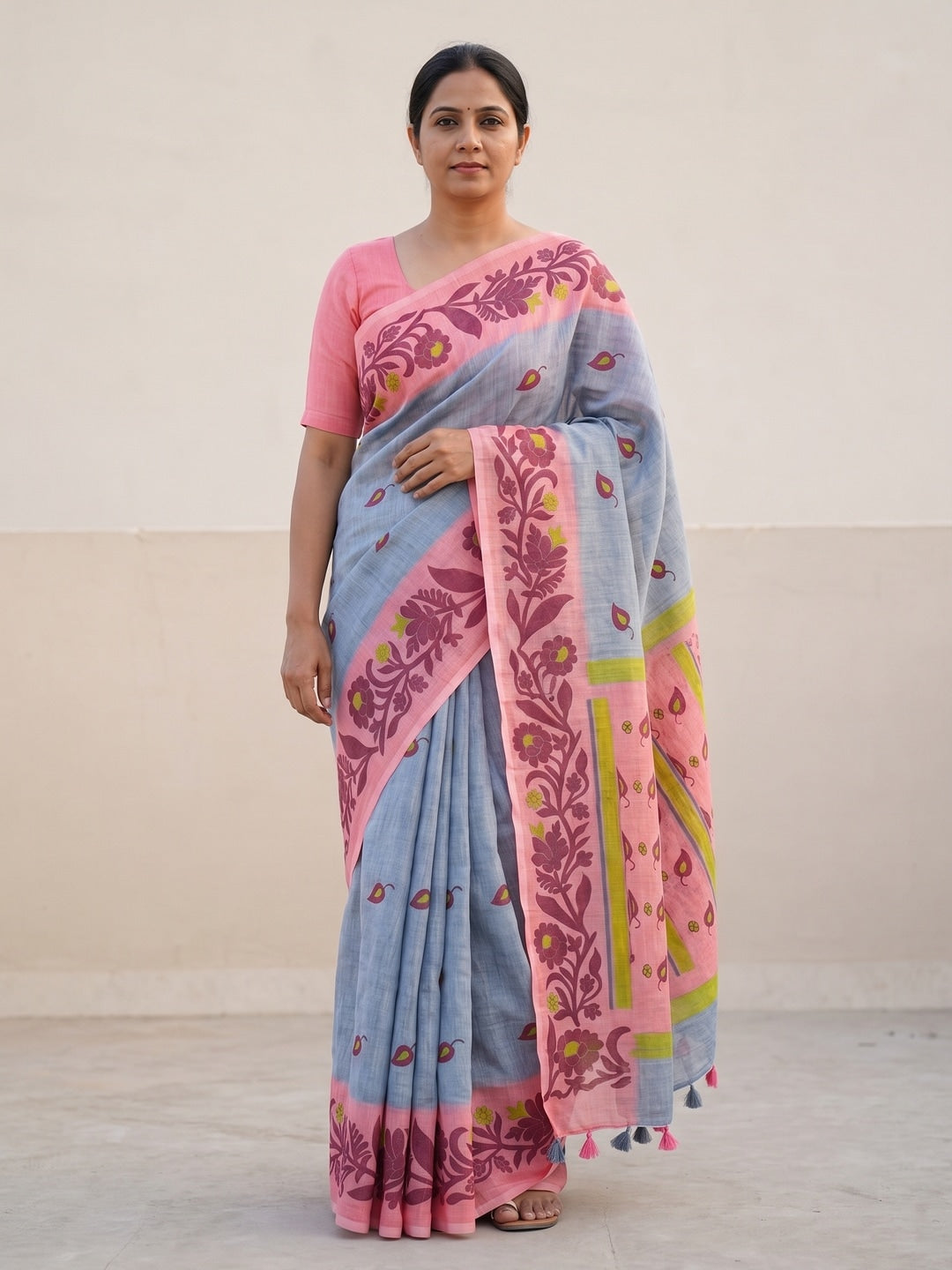 Peachmode Grey Printed Linen Cotton Saree - Image 1
