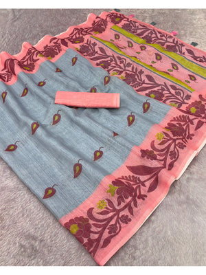 Peachmode Grey Printed Linen Cotton Saree - Image 2