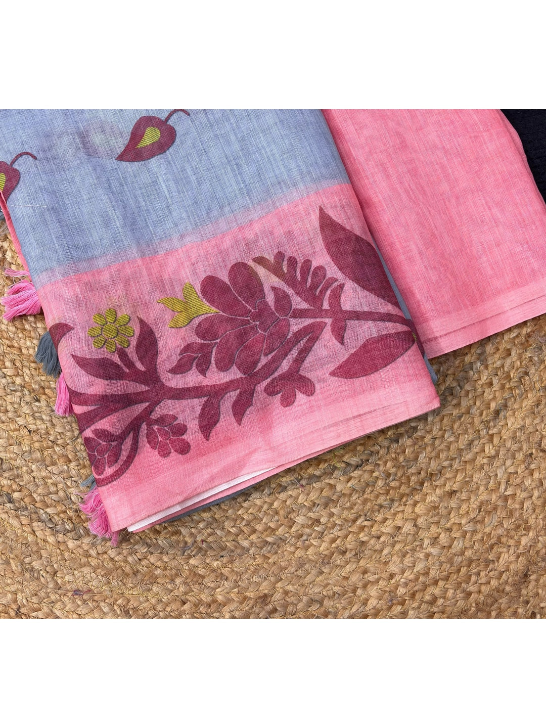 Peachmode Grey Printed Linen Cotton Saree - Image 4