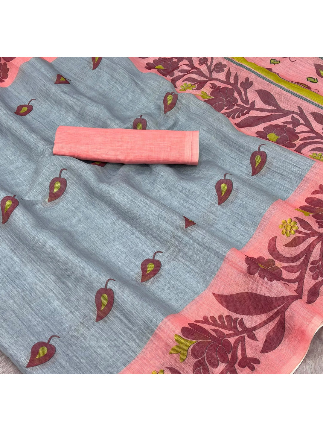 Peachmode Grey Printed Linen Cotton Saree - Image 5
