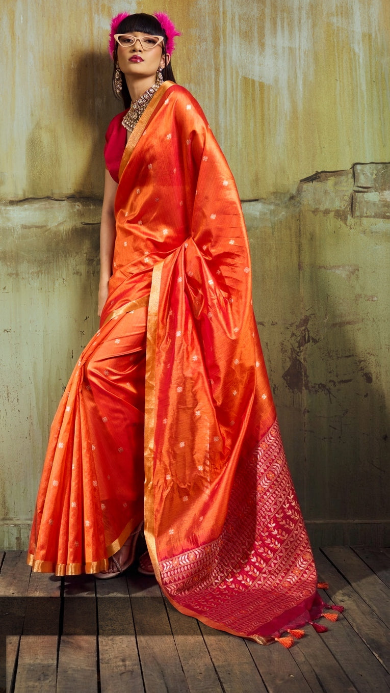 Peachmode Orange Handloom Silk Woven Saree - Image 1