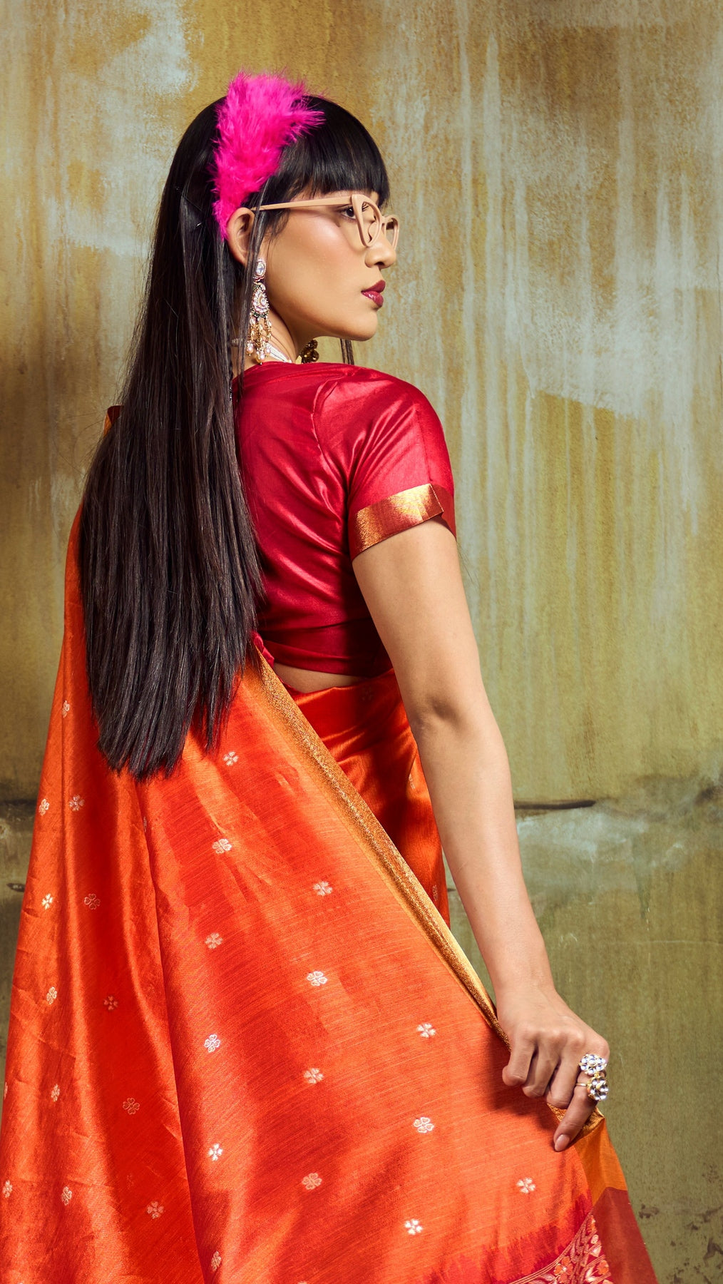 Peachmode Orange Handloom Silk Woven Saree - Image 2