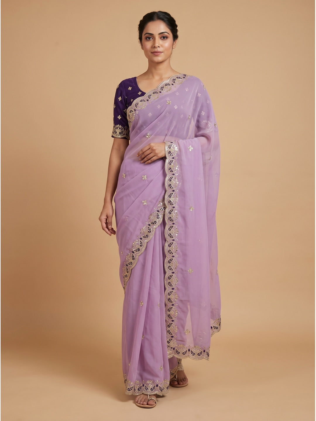 Peachmode Mauve Embroidered Georgette Silk Saree - Image 1