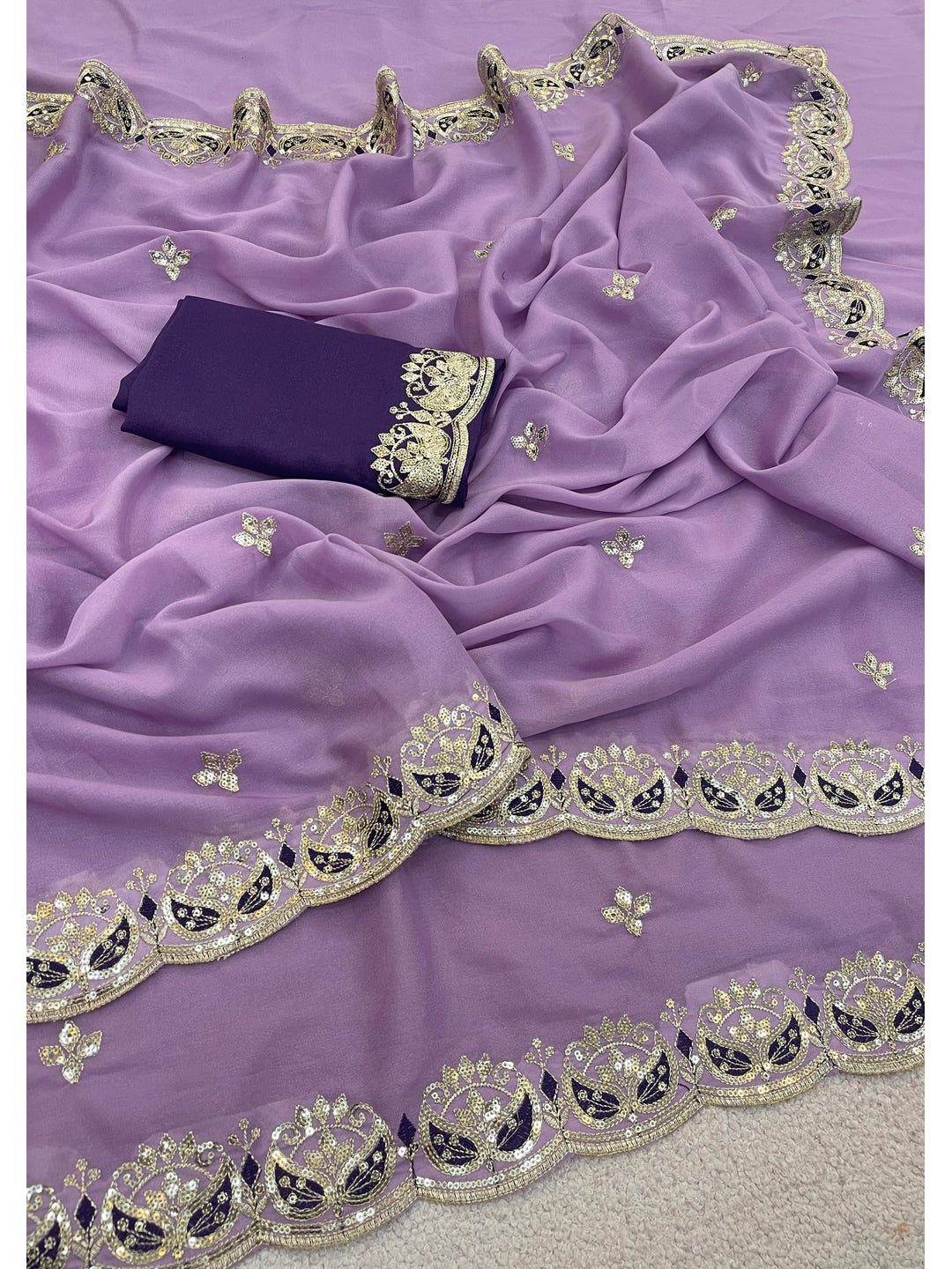 Peachmode Mauve Embroidered Georgette Silk Saree - Image 5