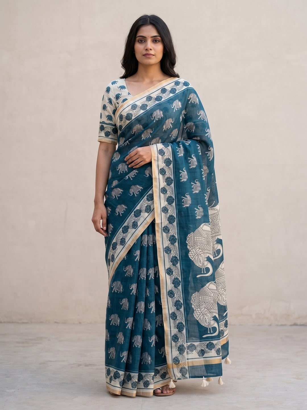 Peachmode Teal Animal Print Linen Cotton Saree - Image 1