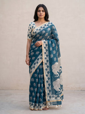 Peachmode Teal Animal Print Linen Cotton Saree - Image 1