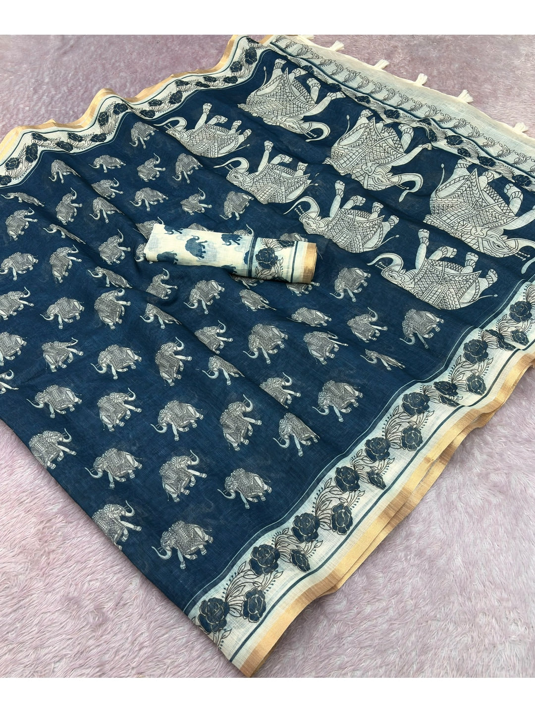 Peachmode Teal Animal Print Linen Cotton Saree - Image 2