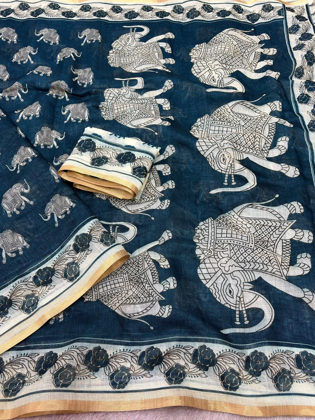 Peachmode Teal Animal Print Linen Cotton Saree - Image 3