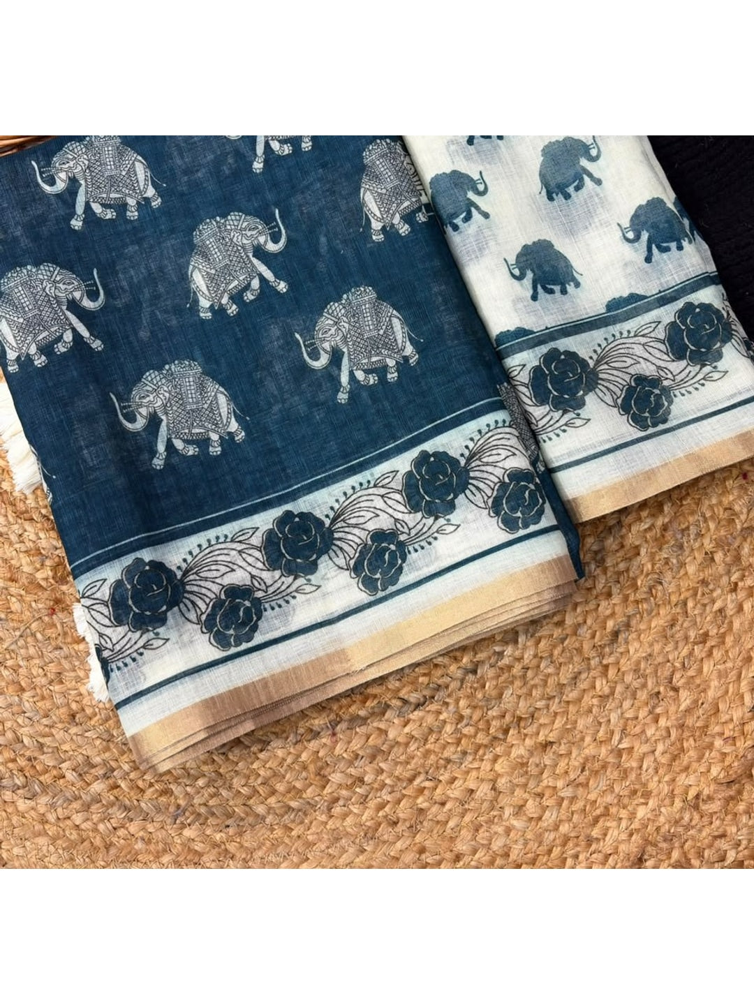 Peachmode Teal Animal Print Linen Cotton Saree - Image 4
