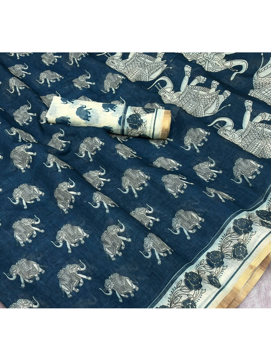 Peachmode Teal Animal Print Linen Cotton Saree - Image 5
