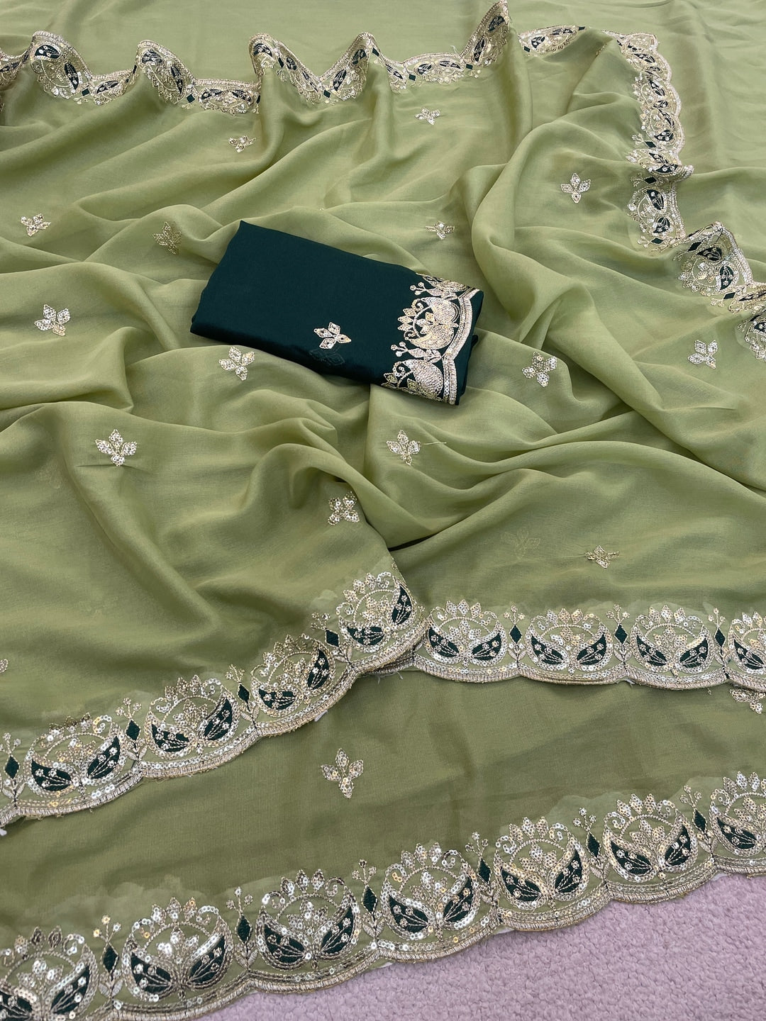 Peachmode Light Green Embroidered Georgette Silk Saree - Image 3