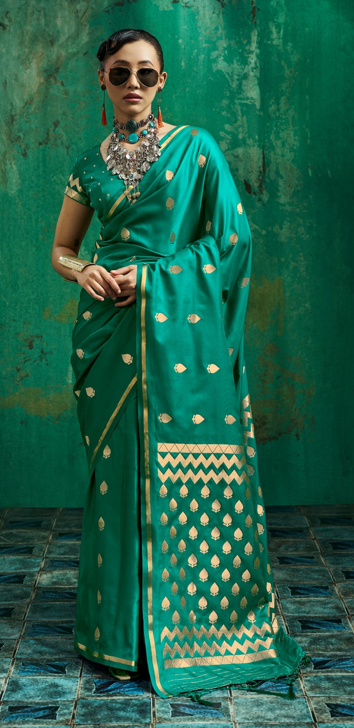 Peachmode Green Satin Handloom Woven Saree - Image 1