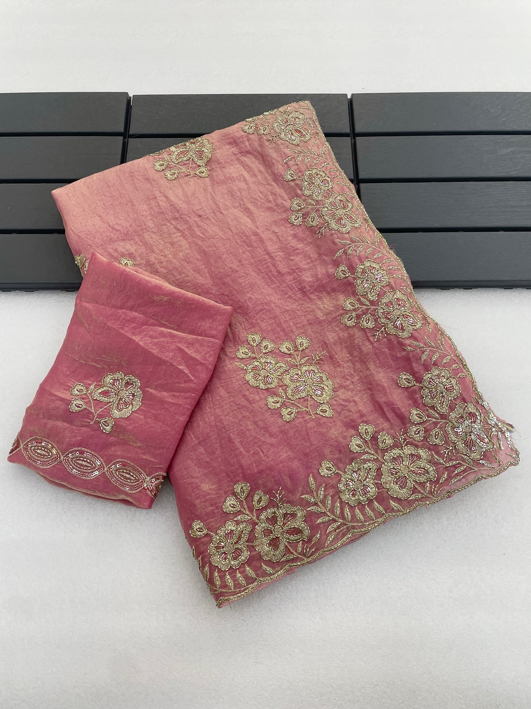 Peachmode Pink Embroidered Fendy Silk Saree - Image 3