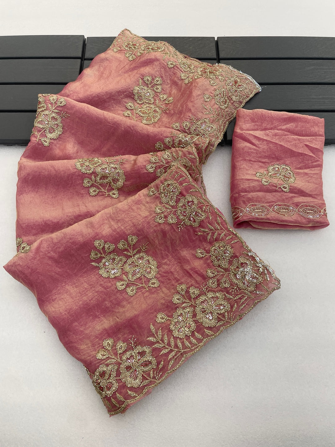 Peachmode Pink Embroidered Fendy Silk Saree - Image 4