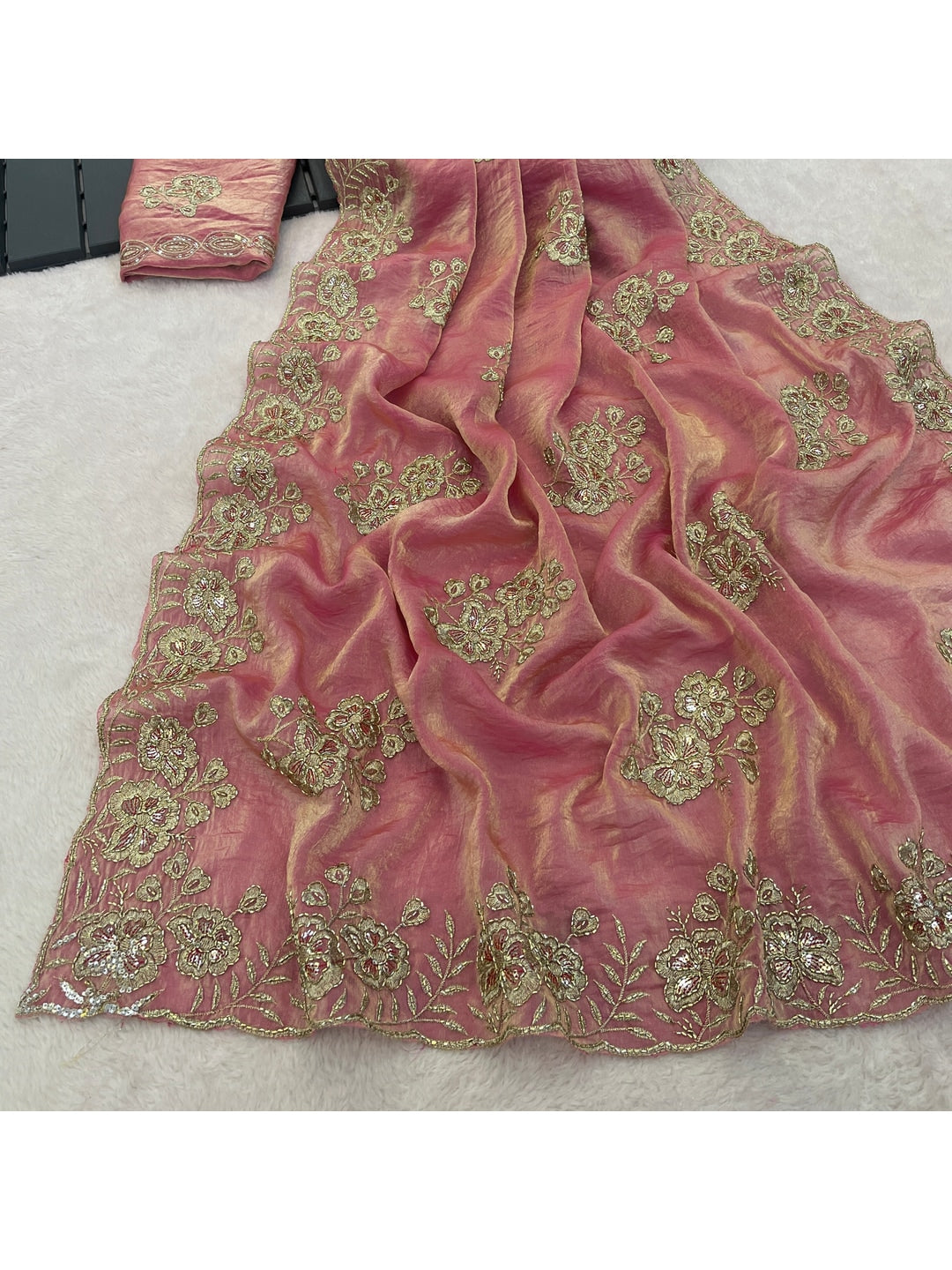 Peachmode Pink Embroidered Fendy Silk Saree - Image 5