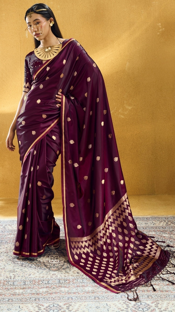 Peachmode Wine Satin Handloom Woven Saree - Image 1