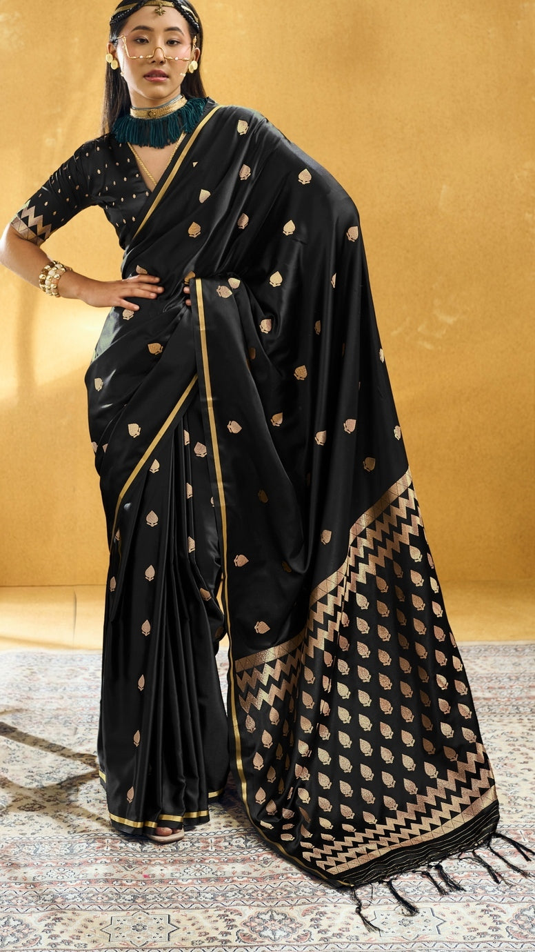 Peachmode Black Satin Handloom Woven Saree - Image 1