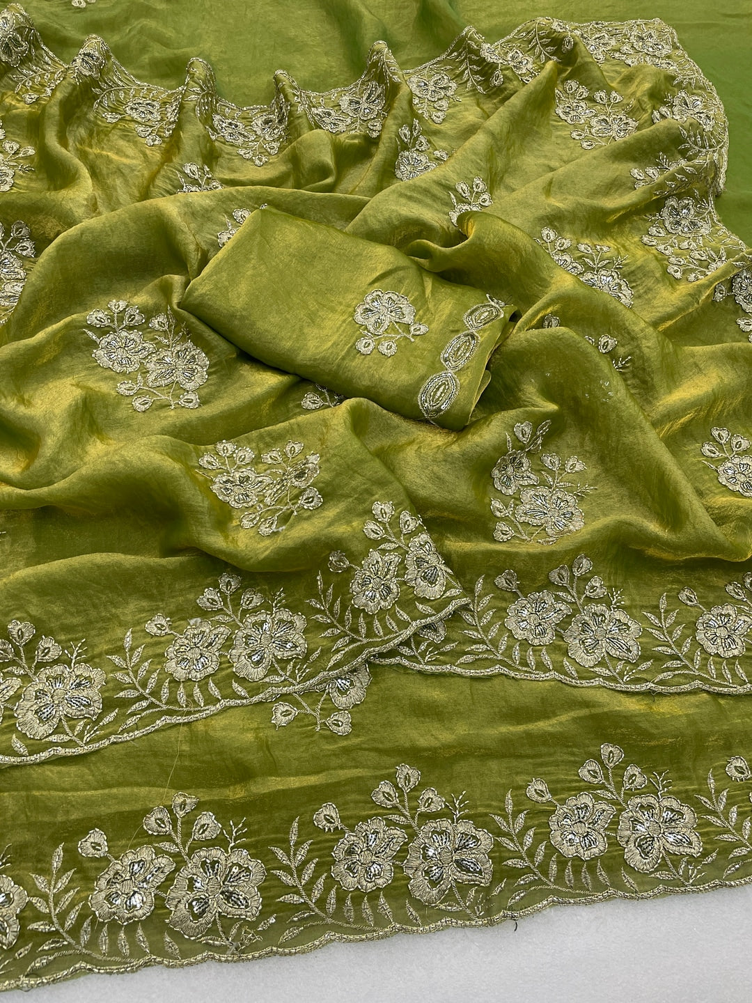 Peachmode Olive Embroidered Fendy Silk Saree - Image 2