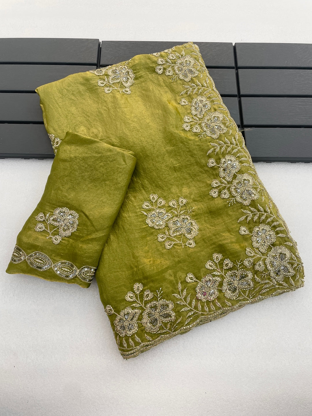 Peachmode Olive Embroidered Fendy Silk Saree - Image 3