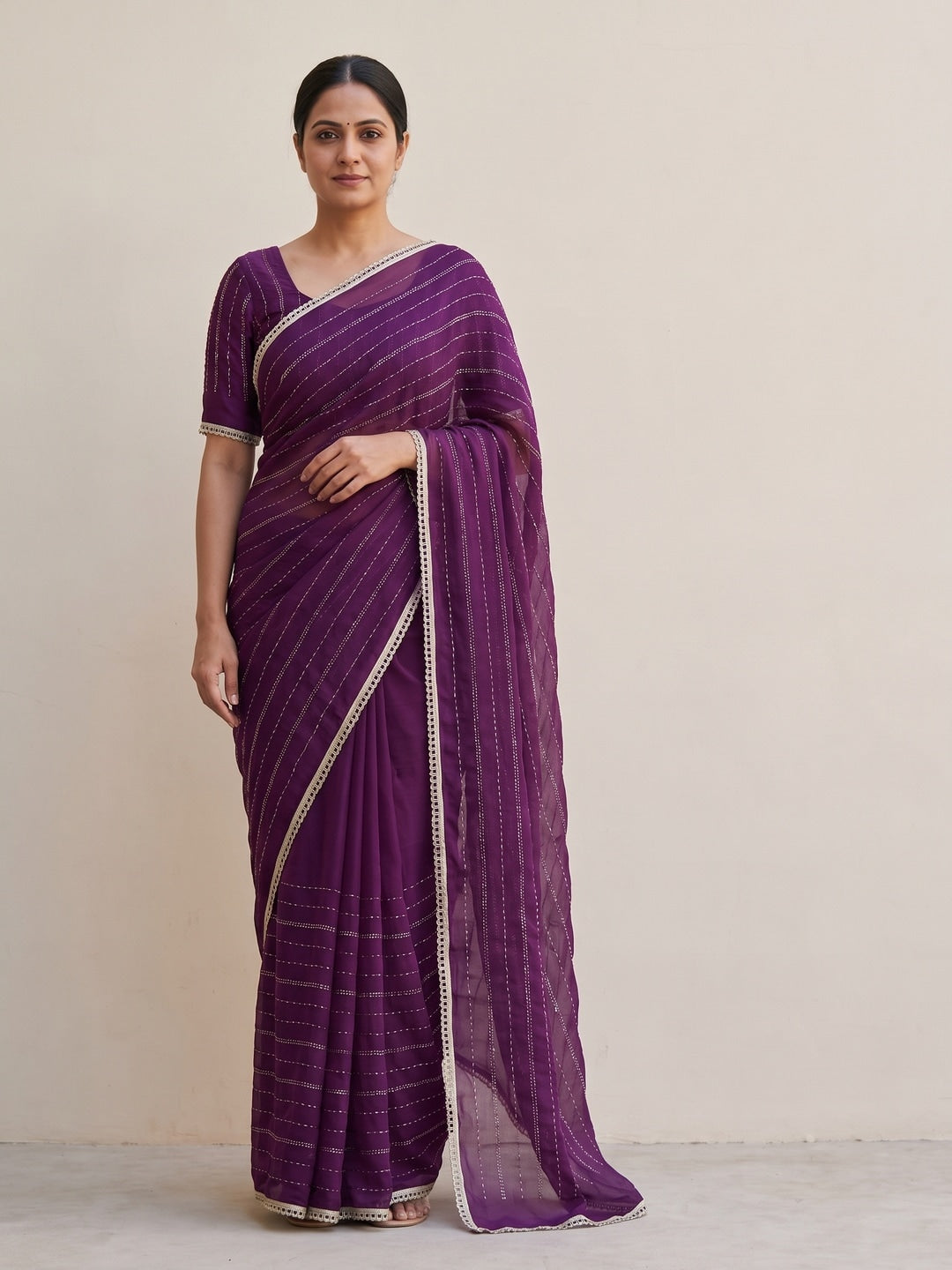 Peachmode Purple Beads Work Star Georgette Saree - Image 1