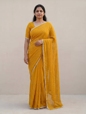 Peachmode Mustard Beads Work Star Georgette Saree - Image 1