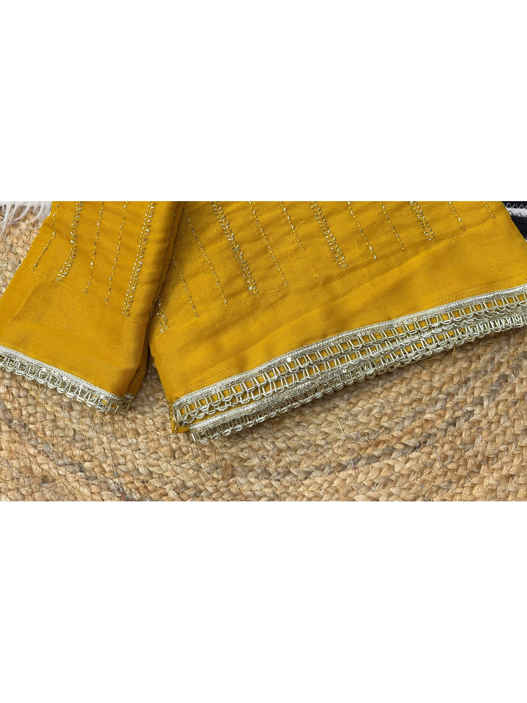 Peachmode Mustard Beads Work Star Georgette Saree - Image 4
