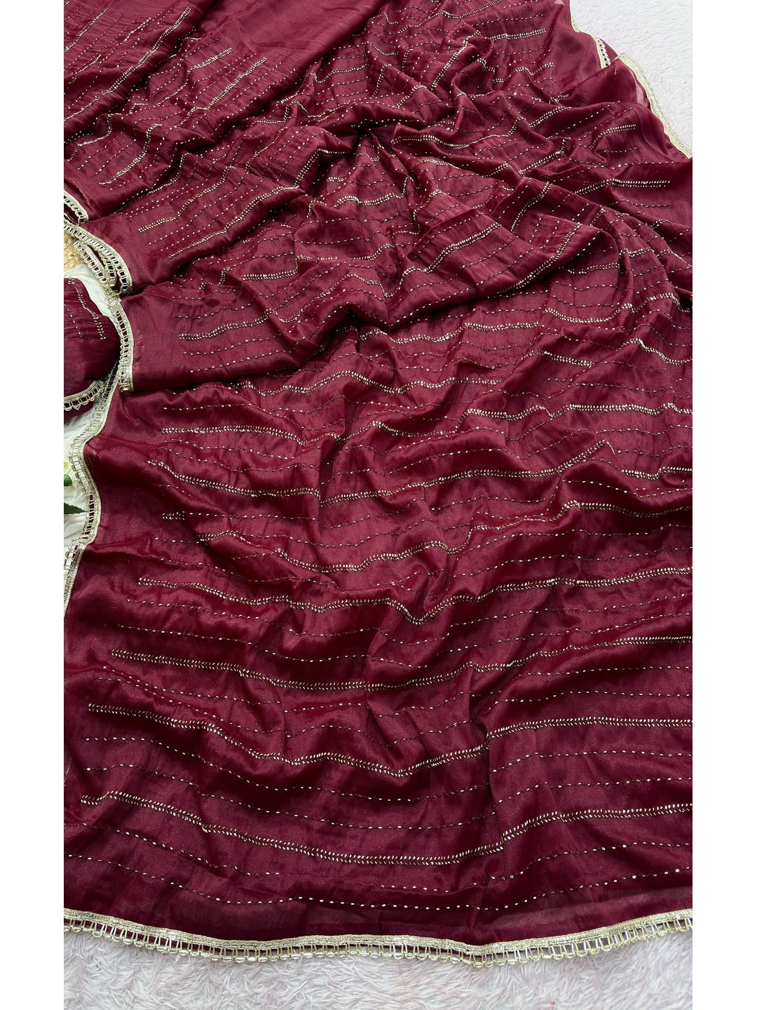 Peachmode Maroon Beads Work Star Georgette Saree - Image 2
