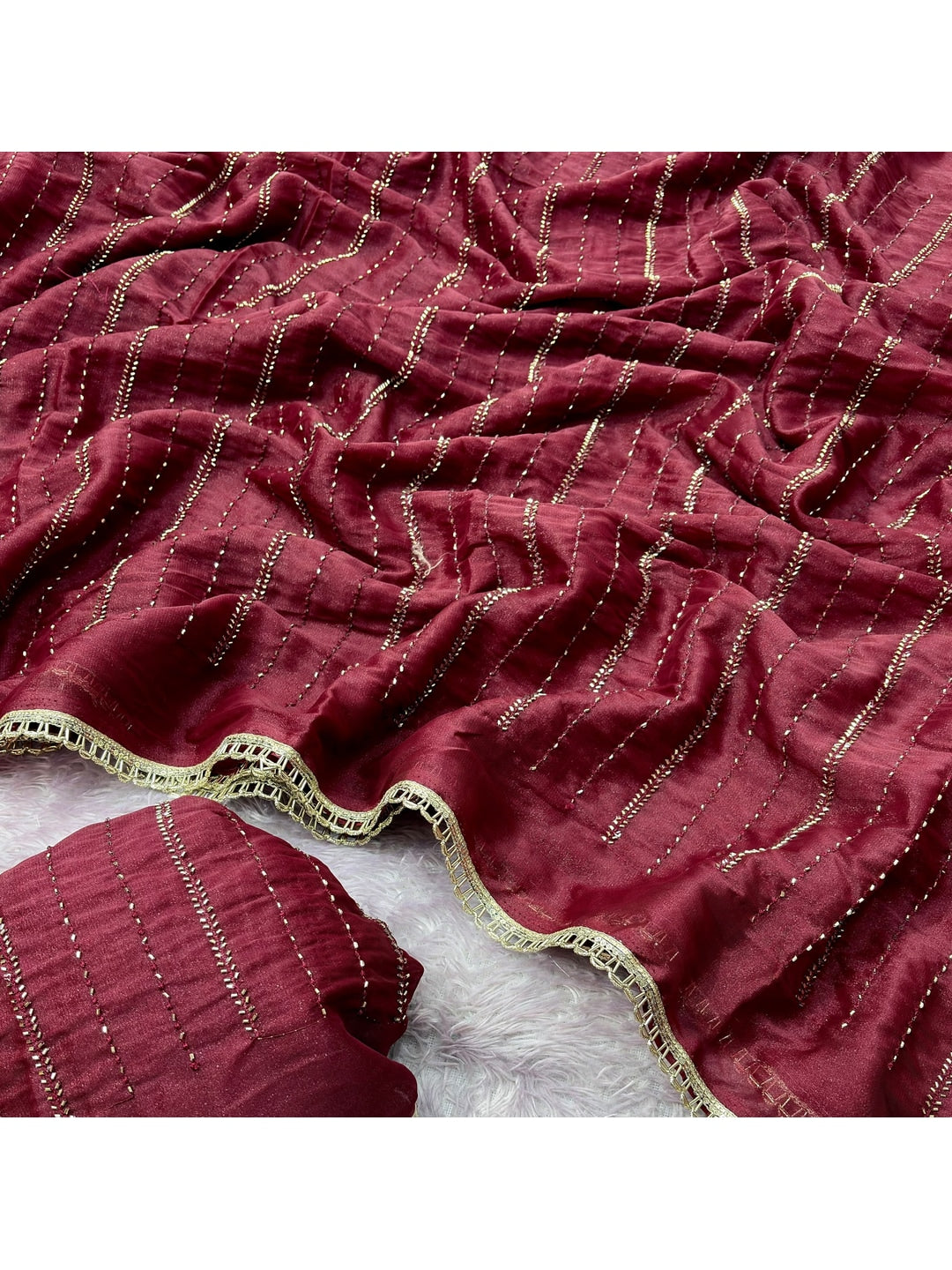 Peachmode Maroon Beads Work Star Georgette Saree - Image 3