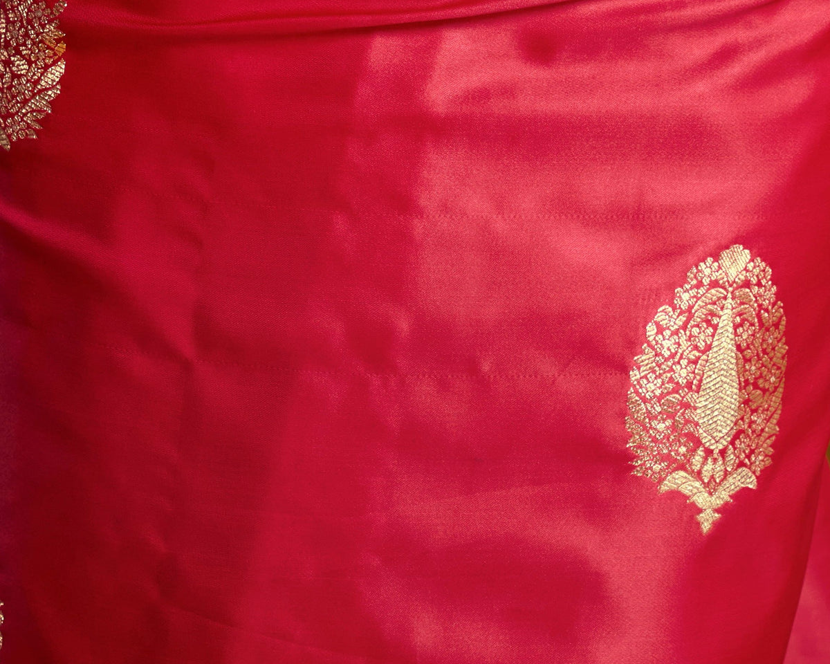Peachmode Red Satin Handloom Woven Saree - Image 5