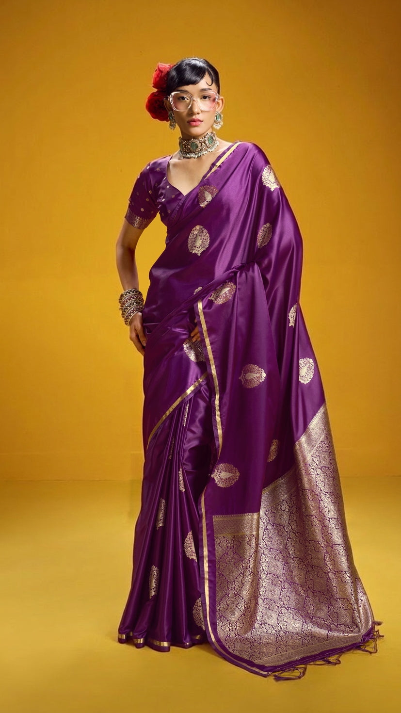 Peachmode Purple Satin Handloom Woven Saree - Image 1