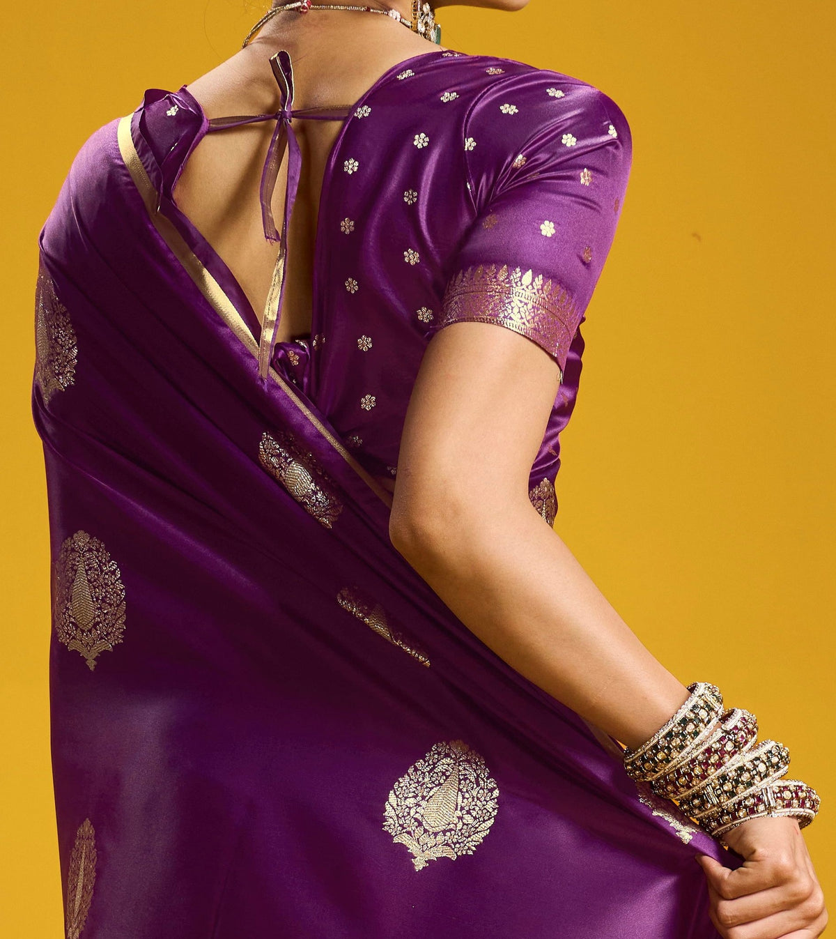 Peachmode Purple Satin Handloom Woven Saree - Image 2