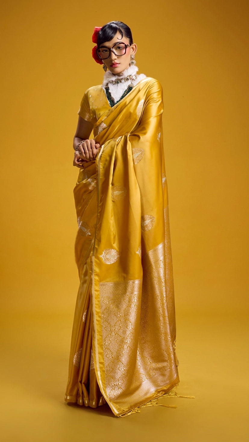 Peachmode Mustard Satin Handloom Woven Saree - Image 1