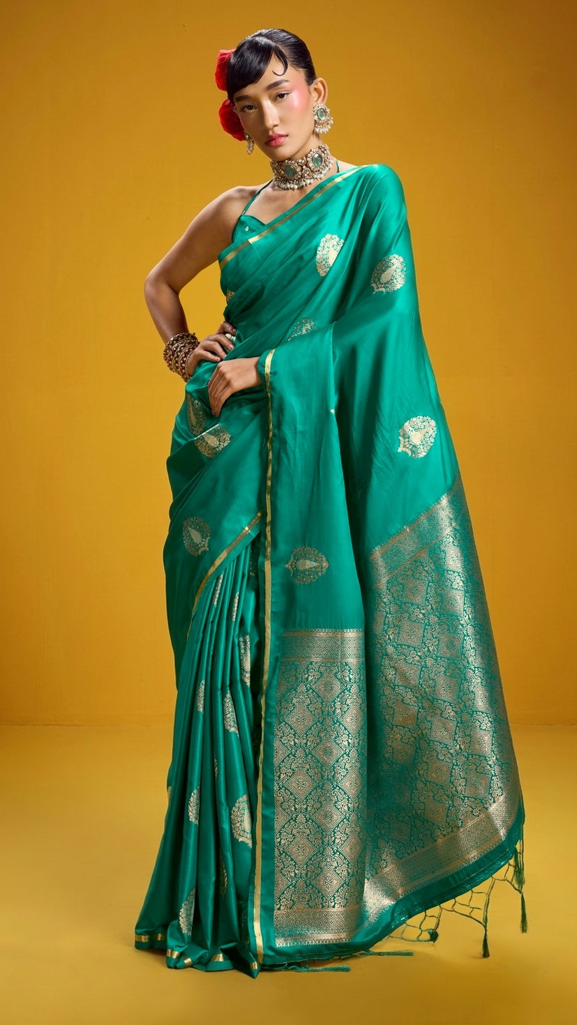 Peachmode Green Satin Handloom Woven Saree - Image 1