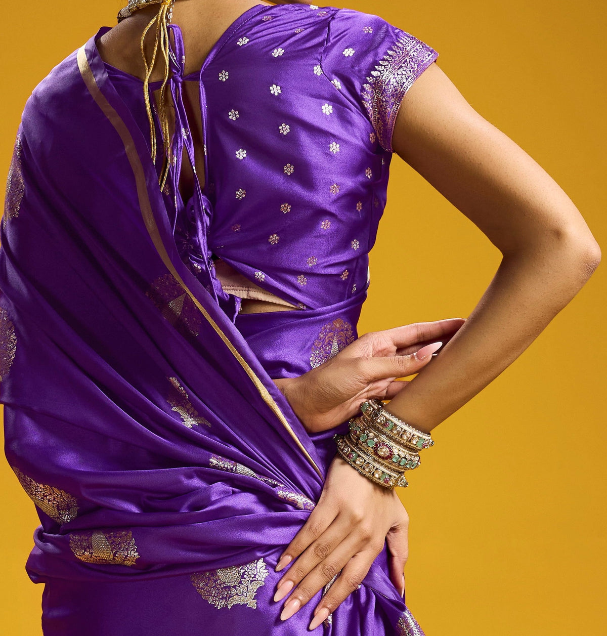 Peachmode Violet Satin Handloom Woven Saree - Image 2