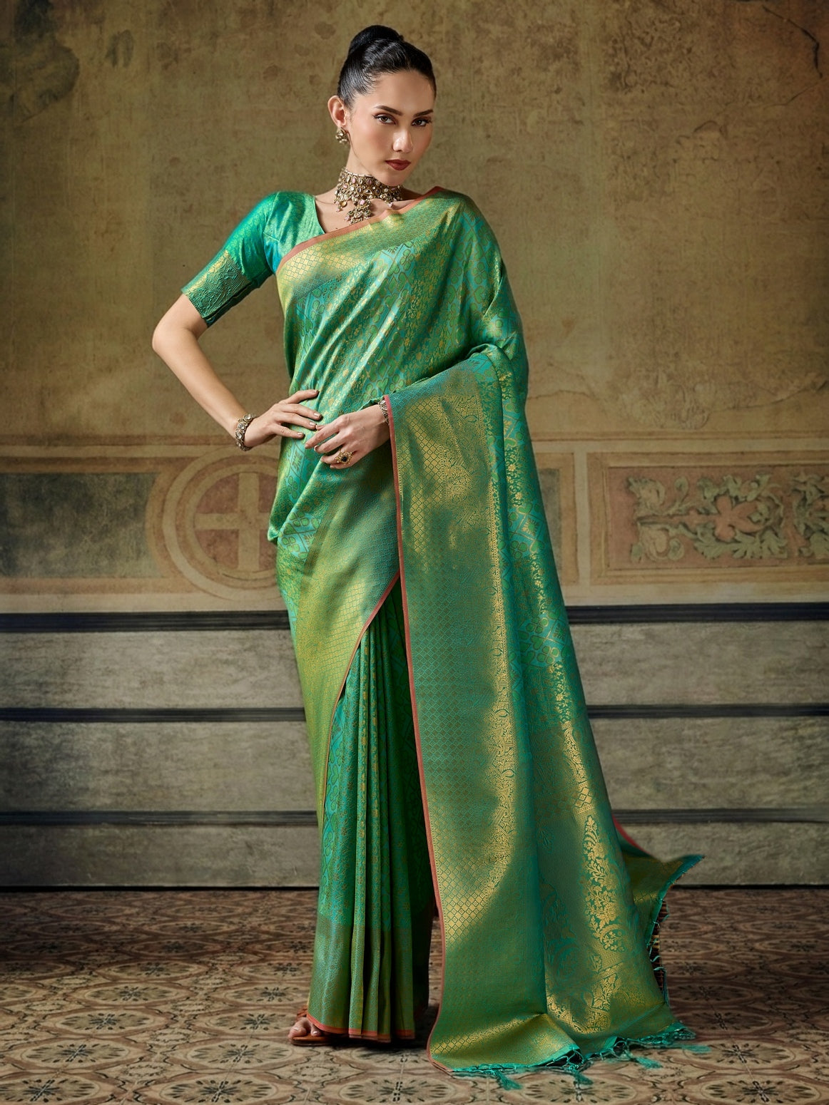 Peachmode Light Green Handloom Silk Woven Saree - Image 1