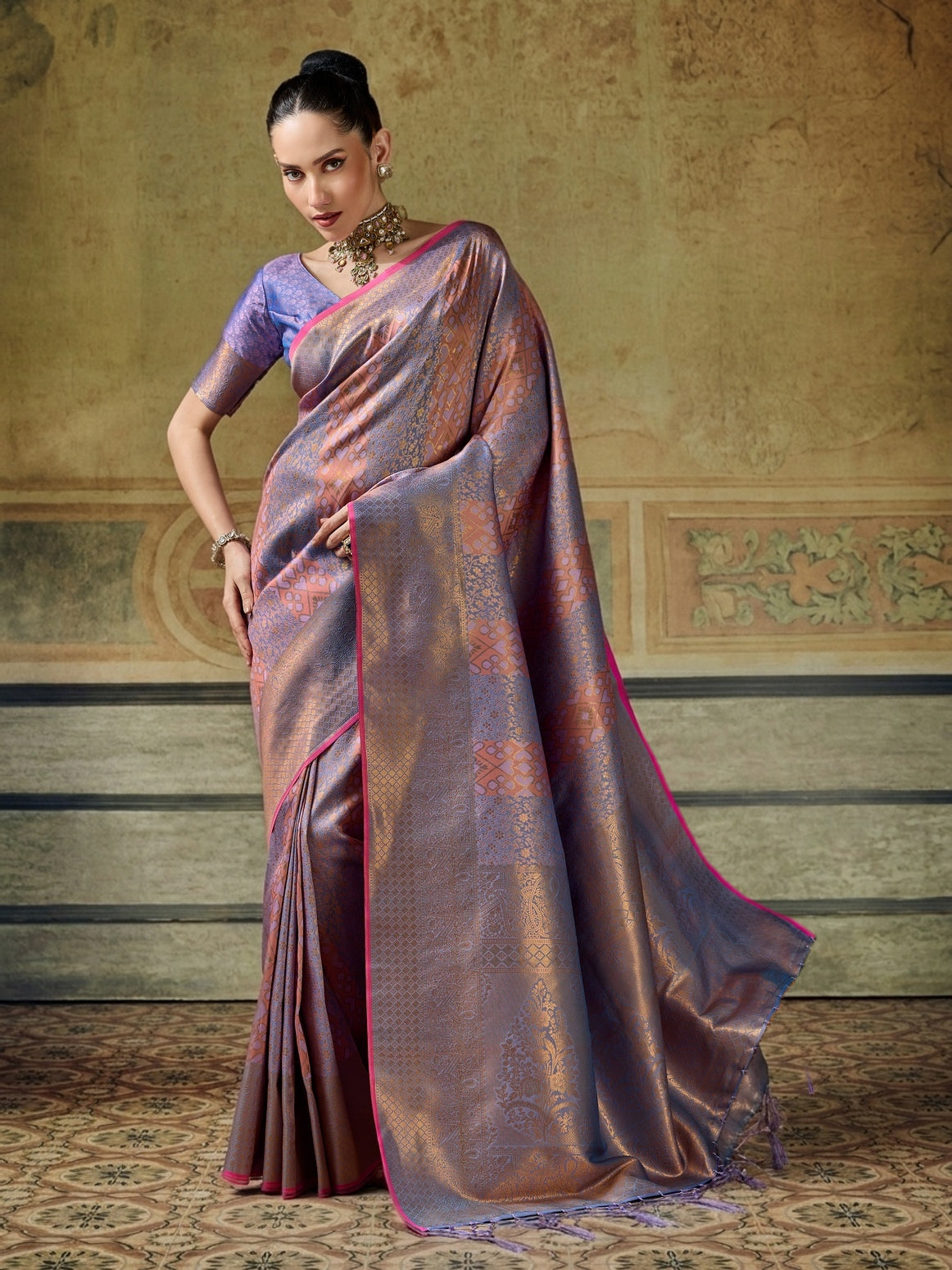 Peachmode Mauve Handloom Silk Woven Saree - Image 1