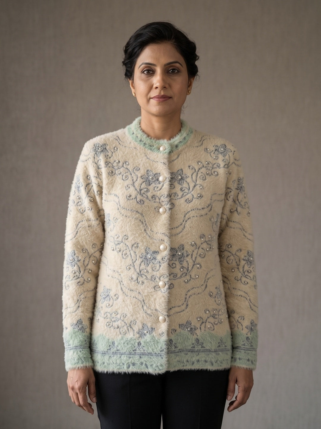 Peachmode Beige Woolen Embroidered Cardigan - Image 3