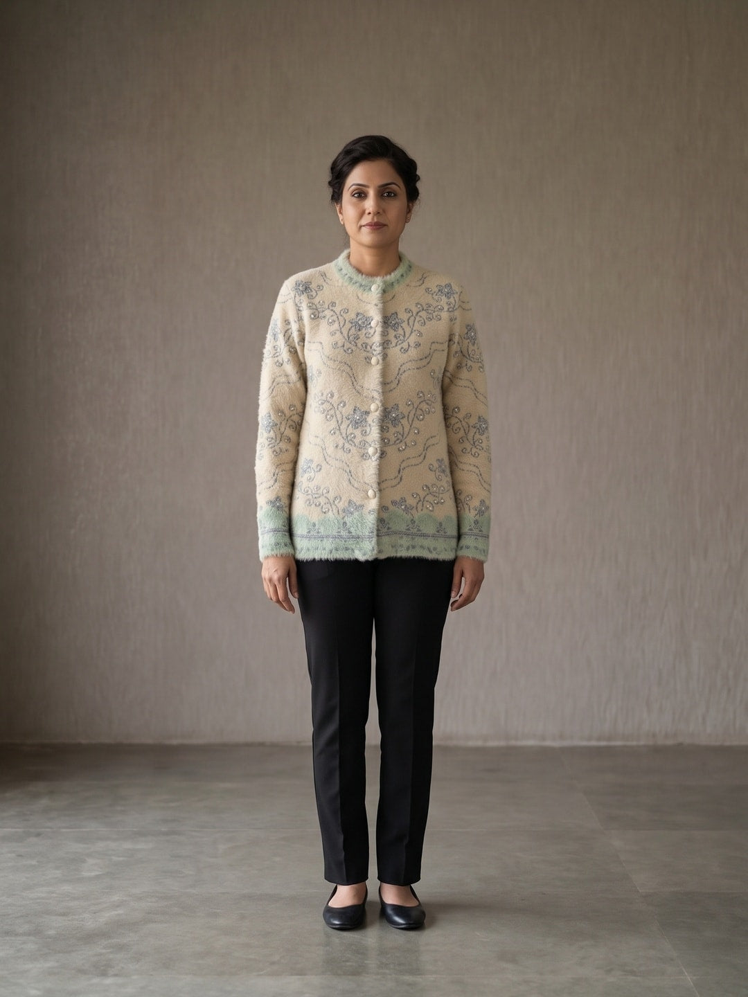 Peachmode Beige Woolen Embroidered Cardigan - Image 4