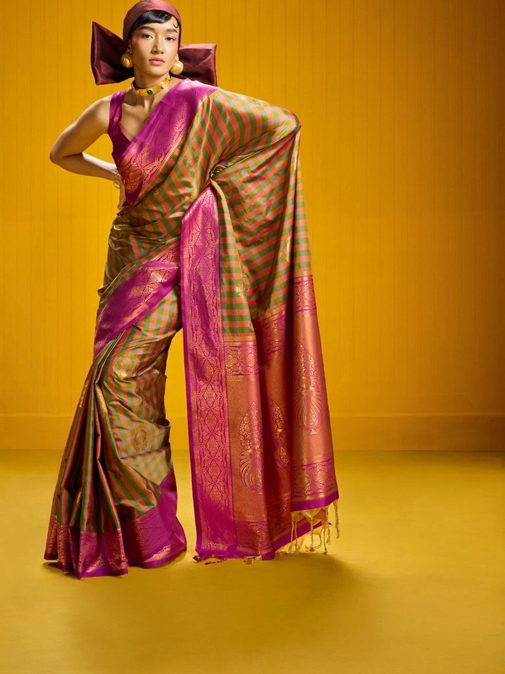 Peachmode Olive Pure Silk Handloom Woven Saree - Image 1