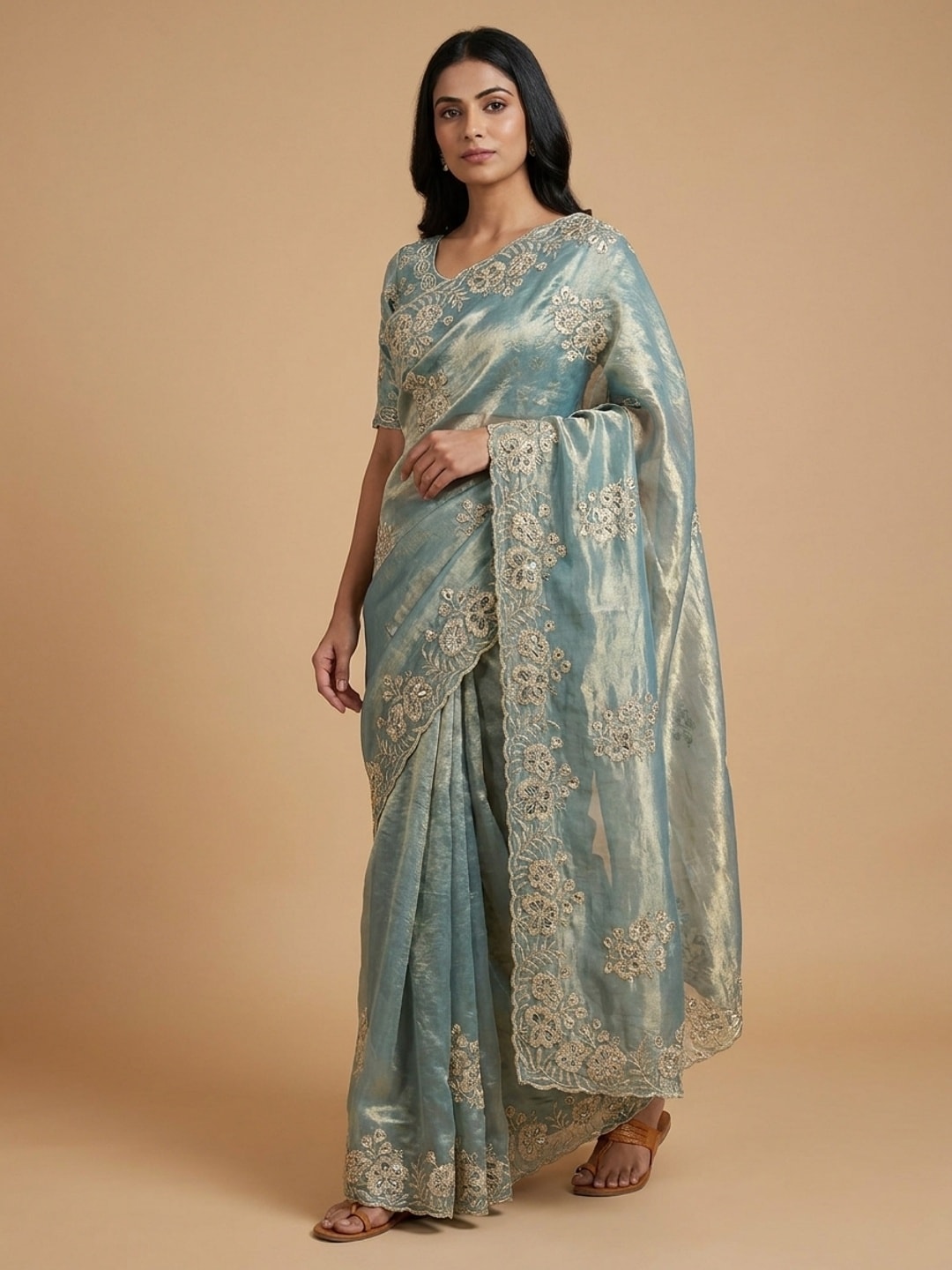 Peachmode Sky Blue Embroidered Fendy Silk Saree - Image 1