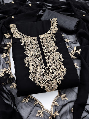 Peachmode Black Paisley Embroidered Georgette Dress Material - Image 1